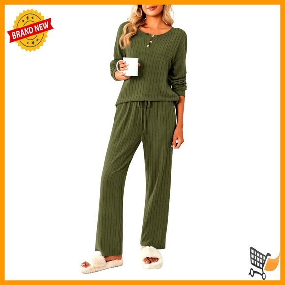 Ribbed Knit Button Down Pajama Set Lounge Wear Long Sleeve Comfy Sleepwear
